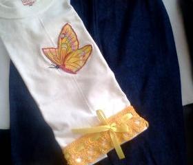 2 Piece Butterfly t-shirt and Ruffle Pants Outfit with Crochet Trims